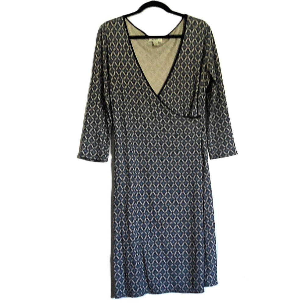 Ann Taylor LOFT Faux Wrap Midi Dress  3/4 Sleeve Stretch Blue Black Cream EUC 4